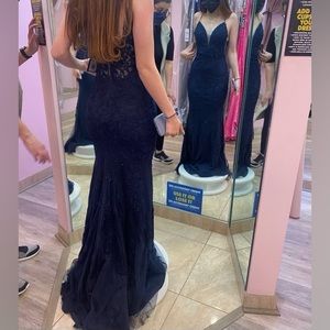 Faviana Blue Lace Prom Dress